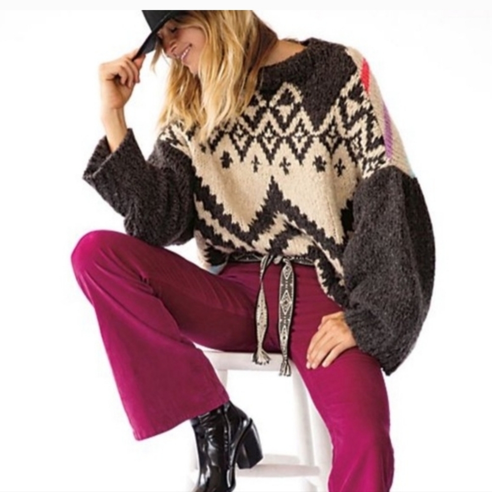 Free People Nordic Rainbow Stripe Oversized Chunky Knit Sweater Medium Boho Alpa